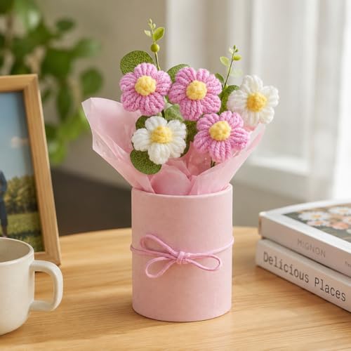 Image of Handmade Crochet Flower Bouquet with Gift Box - Pink & White Knitted Artificial Floral Arrangement, Hand Woven Yarn Flowers for Desk Decor, Car Decoration, Bedroom, Wedding