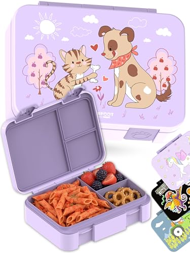 Image of BEARFOOT Kids Lunch Box with Compartments - Compact & Lightweight | Leak-Proof, BPA-Free, Dishwasher Safe | Hand-Drawn Design for Preschool, School, Travel (Dog & Cat Purple, 4 Cups)