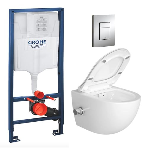 WC Suspendu Pack Complet Accessoires - Pack WC Grohe Bâti-support Grohe Rapid SL, WC sans bride avec fonction bidet thermostatique, Plaque chrome, Abattant WC,Cuvette Toilette, Chasse d'eau, Mécanisme
