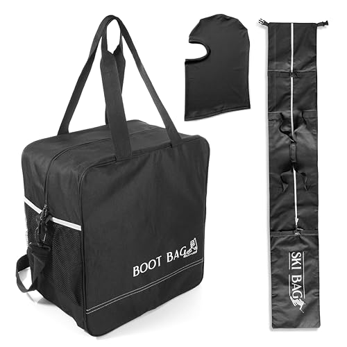 AlpinePulse Gear Ski & Boot Bag Set - Waterproof Travel Carry Bags with Adjustable Length Roll Top - Spacious Storage for Skiing Essentials, Black