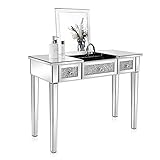 VINGLI Mirrored Vanity Table, Silver Vanity Desk with Flip Up Mirror, Mirror Desk with Drawers for Bedroom, All Glass Makeup Vanity Table, Glass Vanity with Crushed Diamond, Bling Mirror Vanity Desk