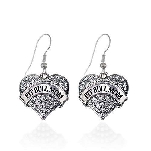 Inspired Silver - Pit Bull Mom - Silver Dangle Earrings for Women - Pave Heart Charm Earrings French Hook Drop with Cubic Zirconia - Women's Dangly Earrings Jewelry Gift