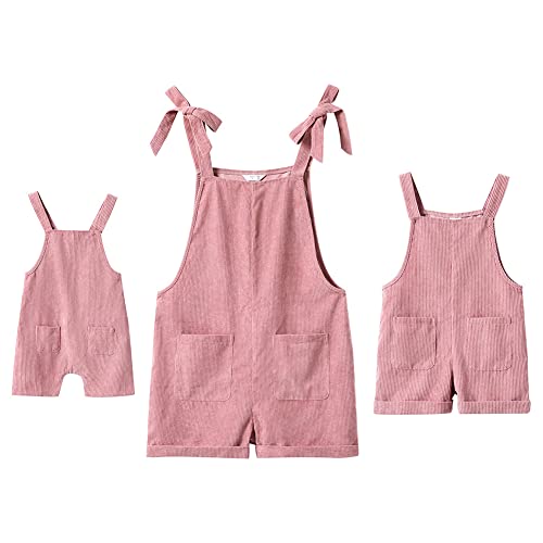 Mommy and Me Dresses Outfits Solid Color Family Matching Romper Shorts Jumpsuit Overall Bowknot Decor Sleeveless Spaghetti Straps Summer Casual Clothes for Mother and Daughter Pink Corduroy Medium