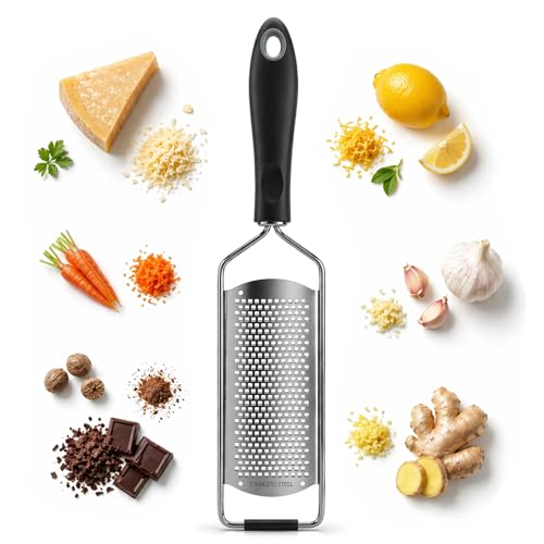 Cheese Grater & Lemon Zester Stainless Steel Hand Grater for Parmesan Garlic Ginger & Chocolate Fine Grating Kitchen Tool with Non-Slip Handle Easy to Clean