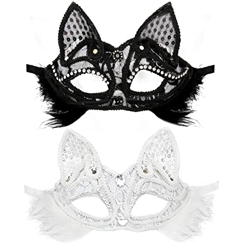 Cosswe Masque de bal masqué en dentelle avec motif chat et renard pour femme Noir + blanc Cover