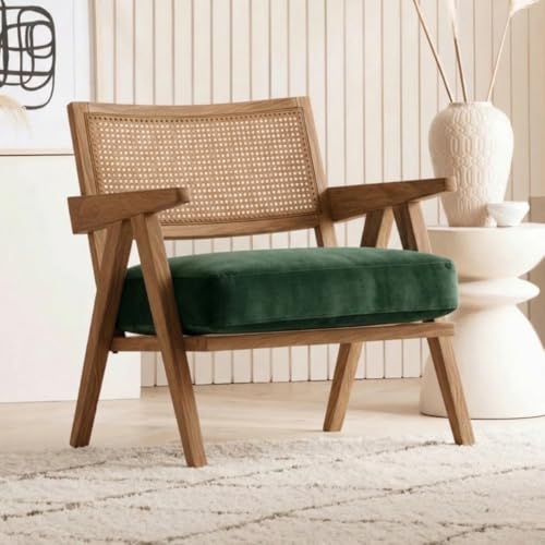 Image of Kingsman Furnitures ABEL Rattan Teak Wood Accent Arm Chair for Home Bedroom, Living, Dining, Drawing Room | Ultra Soft and Comfortable for Stress Free | Removable Cushion (KF-Bronx-ForestGreen-Velvet)