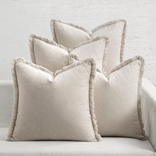 MIULEE Decorative Couch Pillow Covers Neutral Beige Linen Fringe Throw