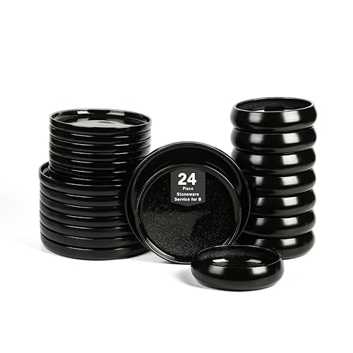 Stone Lain Lagoon Geschirrset 24-teilig, Steingut, Teller und Schüsseln, Mikrowellen- und Spülmaschinenfest, Geschirrset für 8 Personen, Schwarz