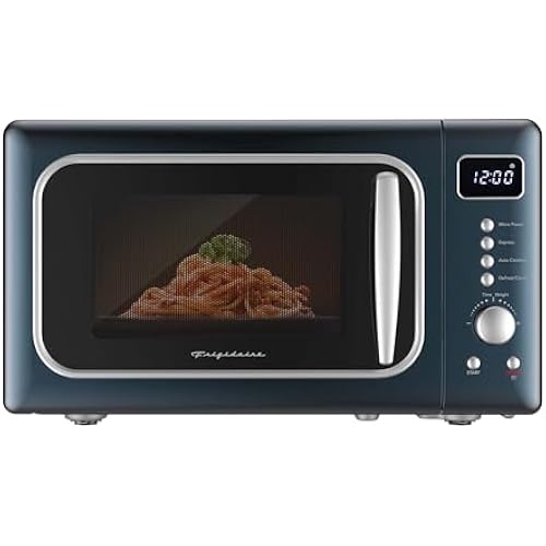 Frigidaire, 0.7 Cu. Ft. Retro Countertop Microwave Oven, 700W Compact Microwave with 8 Auto Cook Menus, Auto Defrost, 5 Power Levels, LED Display, Glass Turntable, Azure-Argent