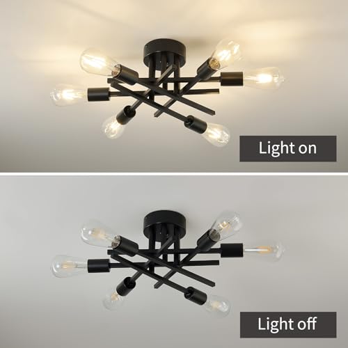 Image of Semi Flush Mount Motion Sensor Ceiling Light Fixture,6 Lights Black Vintage Matte Sputnik Chandelier Ceiling Lamp with E26 Bulb Base for Farmhouse Dining Room Living Room Bedroom Study Kitchen