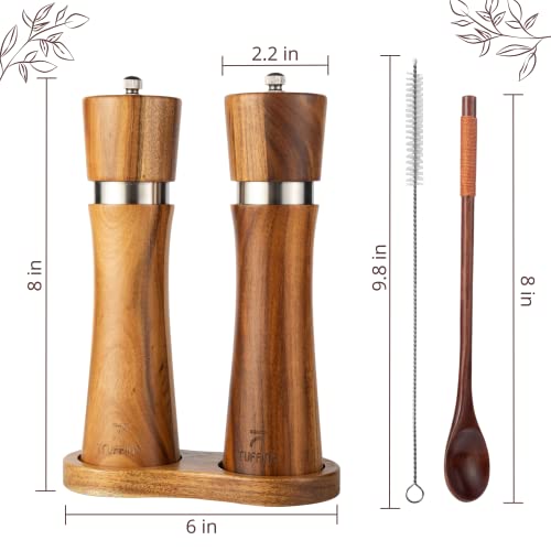 Truffins Wooden Salt And Pepper Grinder Set - 8 Inch Tall Wooden Salt And Pepper Mill Set Including Cleaning Brush, Spoon, Stand With Gift Box - Acacia Wood #TOP1