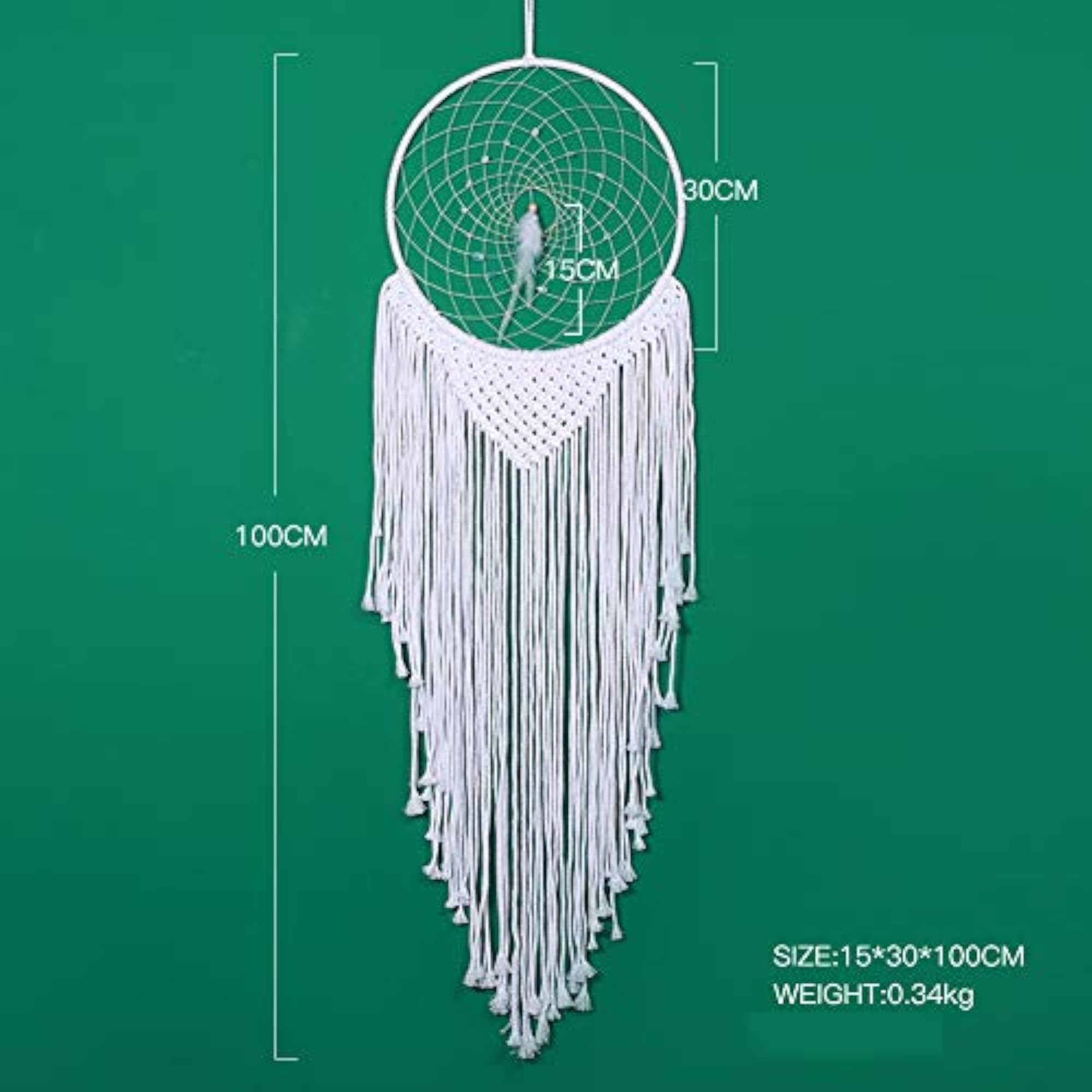 Large Boho Dream Catcher with White Feather, Macrame Decor
