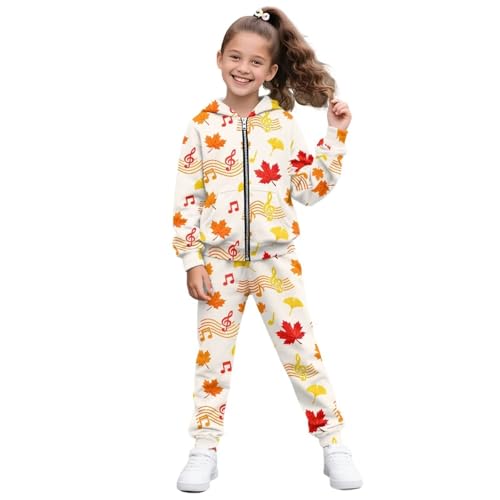 Hucavortre Girls Clothes 2 Piece Fashion Fall Outfits Pullover Sweatshirt and Sweatpant Sweatsuit Sets with Pockets Musical Maple Leaf Soft Hooded Tracksuits,Printed