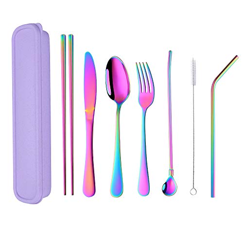 Buyer Star Rainbow Camping Flatware Silverware Set, 8-pieces Stainless Steel Portable Knife Fork Spoon Chopsticks Metal Drinking Straw Straw Spoon Cleaning Brush with Case