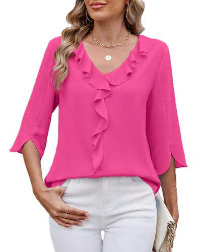 ABINGOO Donna Chiffon Camicetta 3/4 Manica Scollo a V Volant Tunica Tinta Unita Elegante Lavoro Tops(Rosa,L)