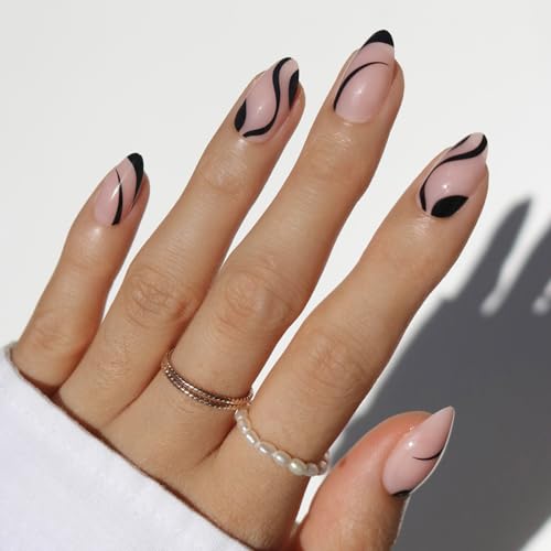 Glamnetic Press On Nails - Ink Wave | Short Almond Fake Nails wit...