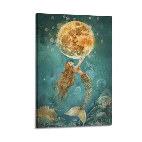 Toile sirène vintage 50x75cm avec cadre pour habiller un mur de salon vide