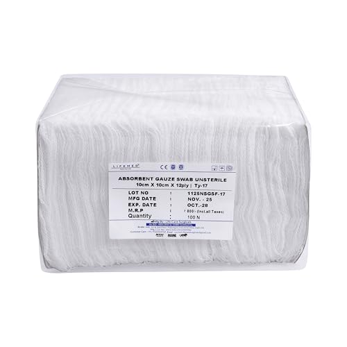 Image of LIFEMED Non-Sterile Gauze Swabs 10 x 10 cm, 12 Ply Cotton Medical Gauze Pads for Wound Dressing & First Aid (Pack of 100)