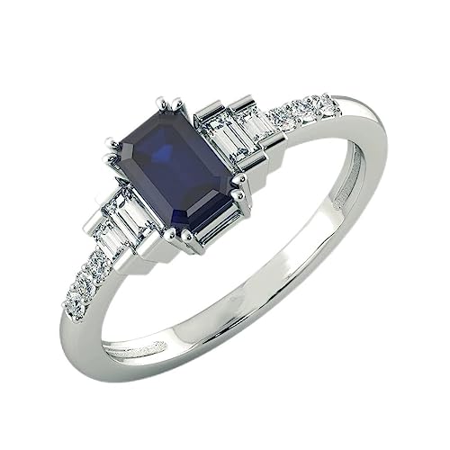 3.80 Carat Blue Sapphire and Diamond Baguette Wedding Band Rings For Women 14K White Gold Anniversary Enagagement Prong Setting (Centre Blue Gemstone 3 ctw,Clarity I2, Color HI)