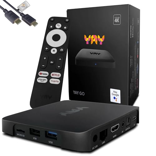 VU+ Yay GO Android TV 4K UHD Streaming Box, Android TV 12, Chromecast intégré, Widevine L1, HDCP 2.3, 2 Go DDR3 RAM, 8 Go Flash, BT 4.2, USB 3.0, Wi-FI 1200 Mbit, câble HTS e-com HDMI