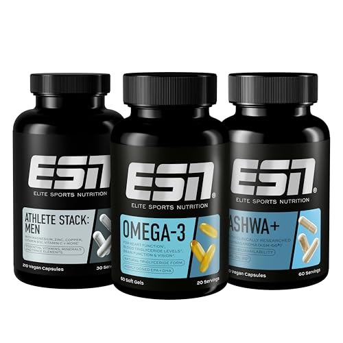 ESN Performancebundle, 3er Bundle aus Ashwa+, Athlete Stack Men & Omega 3, alle essentiellen Vitamine, Mineralstoffe, hochdosiertes Fischöl & Ashwagandha Wurzelextrakt KSM-66®