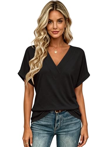 Image of T Shirts Short Sleeve V Neck Tees Womens Tops Beach Vacation Fashion Clothes 2026 Casual Summer Spring Fall Outfits