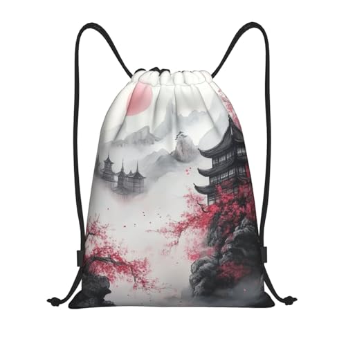 Japanese Tower Pattern Drawstring Backpack Bag - Sports Gym Sack For Women Men