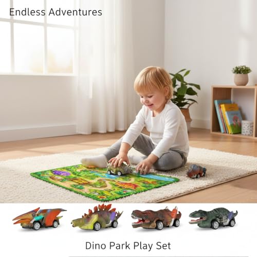 Image of Lefan Dinosaur Educational for 3 4 5 6 7 8 Years Old Boys Girls Kids Gifts 6 Dino Figure Dinosaur Toy Car Set with Dino Park Play Mat 6 Pull Back Dinosaur Cars for Kids Activity Play Set Gift Toy