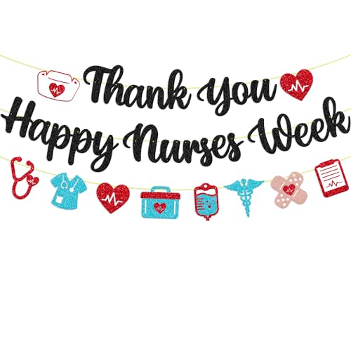 Thank You Happy Nurses Week Banner Registered Nurses Week Decoration Happy Nurses Day Decor RN Appreciation Backdrop Black Glitter Supplies