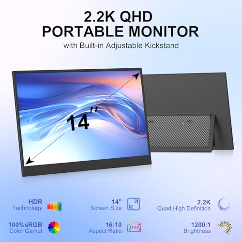 Image of 14 Inch 2K Portable Monitor, 16:10 QHD 100% sRGB HDR IPS Screen, Ultra-Slim External Second Monitor for Laptop, Phone, PS5, Xbox, Switch, PC(14.1 inch)
