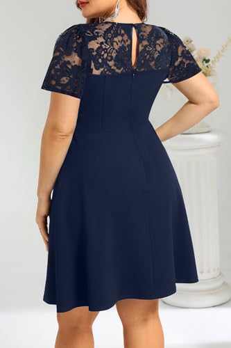 Image of Plus Size Cocktail Dress - Lace Wedding Guest Party Crew Neck Short A Line Dresses Women