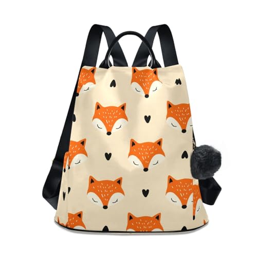 Sac à dos femme beige avec motif renard et cœurs en polyester élégant