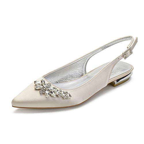 Eldecey Women's Wedding Flats Dress Shoes for Bride Pointed Toe Bridal Wedding Flats Prom Party Flats Slingback with Crystal Brooch Champagne US8