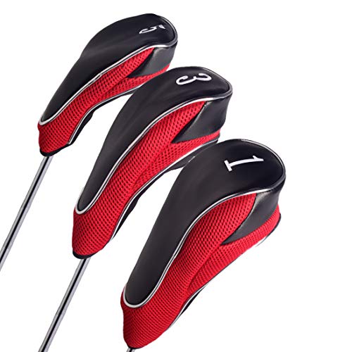 Andux ゴルフマジックテープ ドライバーヘッドカバー 460cc 交換可能な番号タグ付き 3個セット MT/MG08 (レッド)