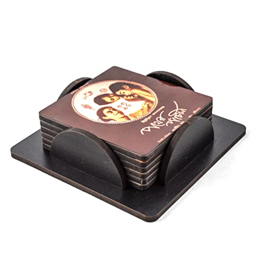 Image of Windup MDF Wooden Printed Coasters Set with Coaster Stand (High-Gloss /Waterproof - 3.5x3.5 inches, Set of 6) - Style: Satyajit Ray Movie Posters