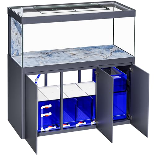 All in One Aquarium, Ultra Clear Fish Tank and Sump Filtration System, Complete Saltwater Aquarium Set with Triple Door Cabinet Stand (Left)