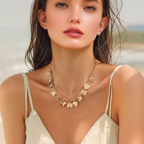 YUJIE Women’s 14k Gold Plated Ocean Charms Necklace Starfish Shell Marine Charms Pendant Choker Necklace, Boho Beach Summer Vacation Accessories3