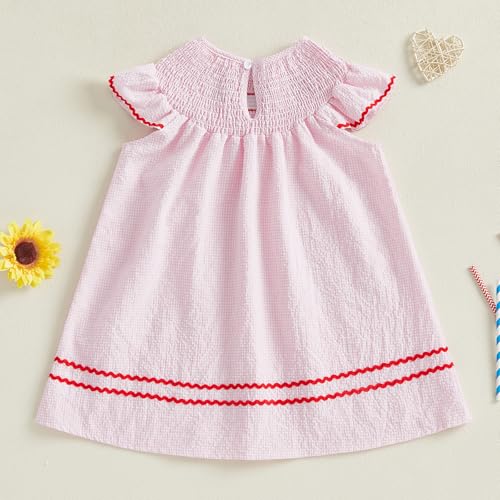 Toddler Girl 4th of July Dress Plaid American Flag Embroidery Fly Sleeve Smocked Dress Infant Patriotic Clothes4