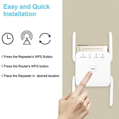 1200Mbps WiFi Booster Range Extender Repeaters, 2.4 & 5GHz Dual Band WPS Wireless Signal 4 Antennas 360° Full Coverage, Extend WiFi Signal to Smart Home & Alex Devices (White)