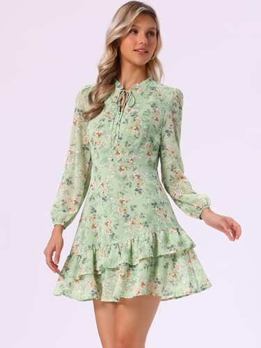Image of Allegra K Women's Spring Dresses 2026 Tie V Neck Semi Sheer Long Sleeve Layered Tiered Chiffon Mini Floral Dress