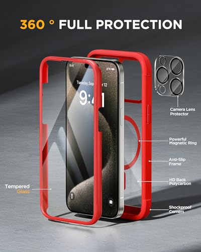 Image of Miracase Magnetic for iPhone 15 Pro Max Case 6.7'' [Compatible with Magsafe] Full-Body Military Drop Proof for iPhone 15 ProMax Case with Built-in 9H Tempered Glass Screen Protector,Red