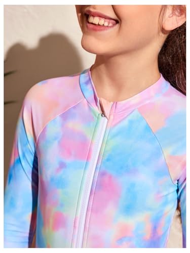 OYOANGLE Girl's Tie Dye Long Sleeve Rush Guard One Piece Swimsuit Zipper Front Beach Sports Bathing Suits4