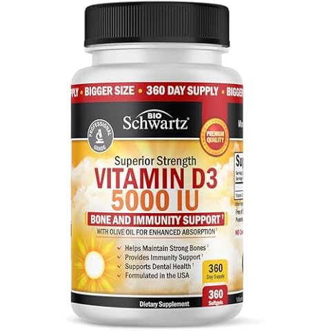 Vitamin D3 5000 IU (125 mcg) Natural Immune Support Supplement, Bone Strength, Healthy Muscle Function, with Olive Oil for Highest Absorption, Gluten Free & Non-GMO, 1 Year Supply, 360 Softgels Cover