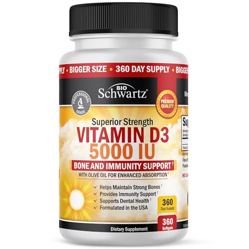 Vitamin D3 5000 IU (125 mcg) Natural Immune Support Supplement, Bone Strength, Healthy Muscle Function, with Olive Oil for Highest Absorption, Gluten Free & Non-GMO, 1 Year Supply, 360 Softgels