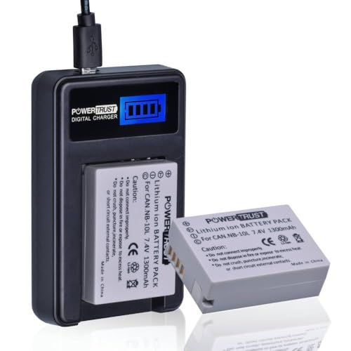 PowerTrust 2 Pack NB-10L Camera Battery and LCD USB Charger for Canon G1X G15 G16 SX40HS SX50HS SX60HS SX40 SX50 HS
