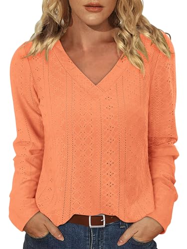KISSMODA Long Sleeve Fall Shirts For Women V Neck Tunic Tops Embroidered Button Down Knitted Blouses 2025