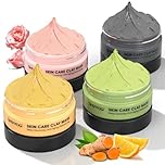Clay Face Mask Kit, Vitamin C Clay Mask with Turmeric, Dead Sea Mud, Green Tea, Rose, Skin Care Facial Mask for Deep Cleansing, Controlling Oil and Refining Pores & Mask Brush(240g in Total)
