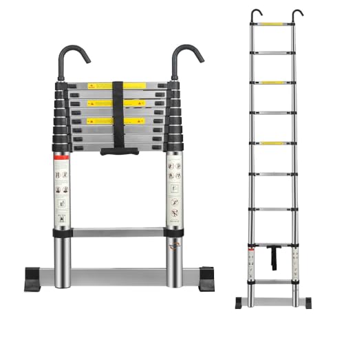 Multibao Telescopic Ladder 2.6M 8.5FT Aluminium Extension Loft Ladder with Stabilizer Bar and Detachable Hooks, Multi Purpose Extendable Portable Folding Ladders, EN131 (2.6M/8.5FT)