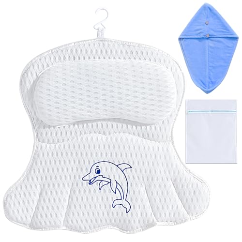 Bath tub Pillow,Relaxing ergonomics Bathtub Pillow, Handmade Dolphin Embroidered Pillows Gift of Shower Cap and Laundry Bag. 6 Strong Non-Slip Suction Cups, Soft 4D mesh Fabric, Head and Neck Support