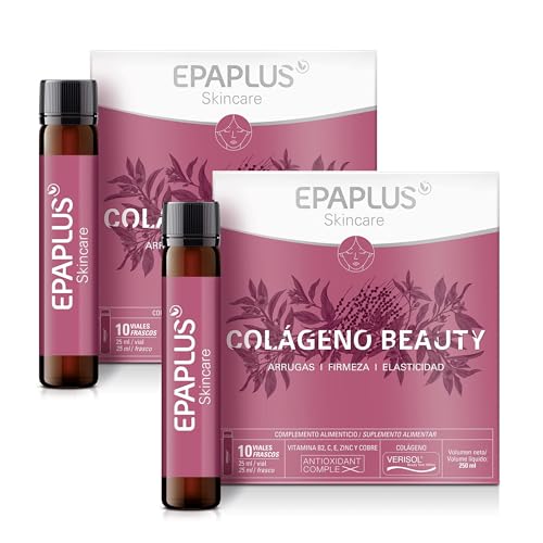EPAPLUS Skincare Colágeno Beauty, Colágeno Verisol, Té Verde, Flor de azahar, Baya de Açai, Arrugas, Firmeza, Elasticidad, Sabor Maracuyá -Pack de 2 Unidades - 20 Viales/25 ml